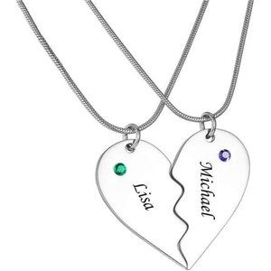 Stainless Steel Personalized Key Heart Puzzle Necklace Set with Birthstones